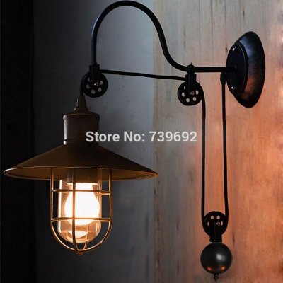 loft industrial warehouse birdcage pulley wall sconce lamps with adjustable cord 1*e27 for coffee shop,bar decorate glass light