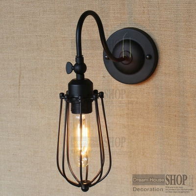 loft iron small cage black shade wall lamp for e26/e27 rh industrial 110v/220v bulbs retro vintage lamp shade [sample-free-shipping-7497]