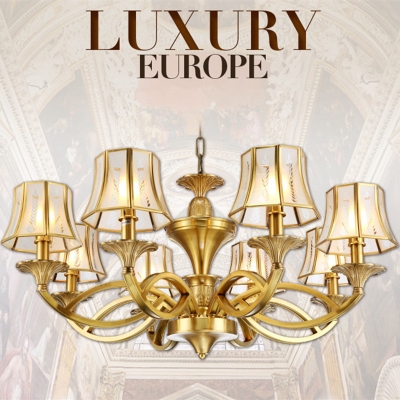 art deco european luxury copper chain pendant chandelier patterned frosted glass shades led lamp
