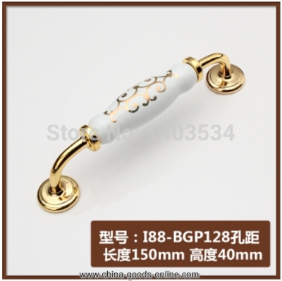 length 150mm hole c:c:128mm zinc alloy ceramic cabinet handle drawer pulls golden flower print