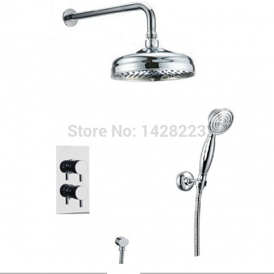 luxury thermostatic 8" ranfall shower faucet dual handles temperature control shower mixer tap w/ handshower