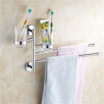 new chrome bathroom 2 towel bars with two cup holder wall mount rotatable active towel rack modern bathroom vanity kh-1078