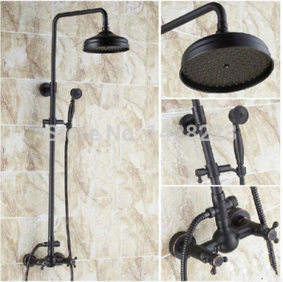 oil rubbed bronze wall mounted dual handles two-ways rainfall shower faucet set + 8" rain showerhead + hand shower