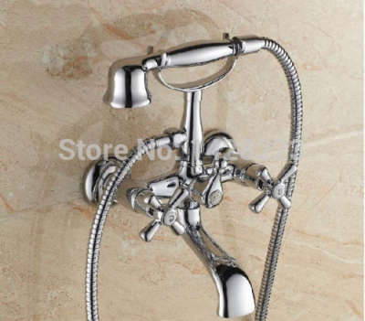 polished chrome brass wall mounted telephone style bathtub shower faucet dual cross handles + hand shower