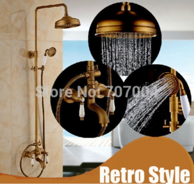 retro style wall mount brass bath shower rainfall faucet antique brass dual handles with handheld shower [antique-brass-519]