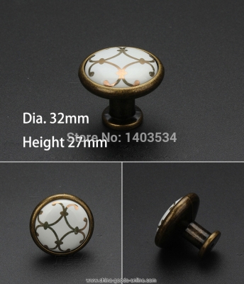 single hole ceramic knob with antique brass color zinc alloy furniture knob drawer knob printed golden flower