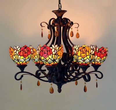 vintage style stained glass rose flower 6-lights chandelier with inverted ceiling pendant lamp,yslc-2,
