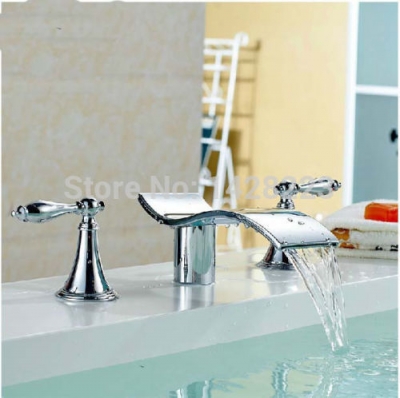 polished chrome deck mounted dual handles waterfall basin sink faucet bathroom vanity sink mixer tap
