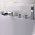 chrome finished three handle bathtub waterfall spout faucet deck mount widespread tub mixer with handheld shower