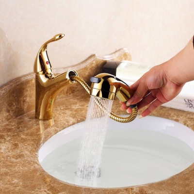 whole promotion golden finish pull out bathroom basin faucet vanity sink mixer tap single handle hj-871k