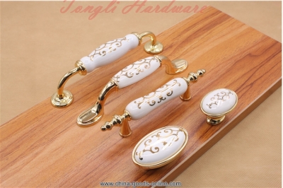 10 pcs/lot golden elegant vintage white ceramic door knob/handle/pull with flower, for cabinet, locker and drawer,