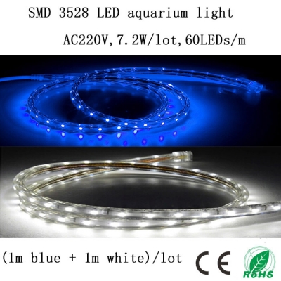 (1m blue+1m white)/lot 220v 7.2w/lot smd 3528 led aquarium light strip,decorate the fish tank and provide illumination to plants