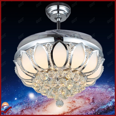 2016 luxury invisiable led ceiling crystal chandelier fan light ventilador de teto modern dining bedroom pendant fan lamp 110v