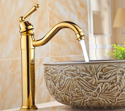 deck mounted tall golden mixer faucet, and cold water tap