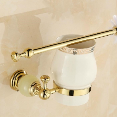 jade golden brass bathroom accessories toilet brush holders with cup set wall mounted sanitary wares hy-44a