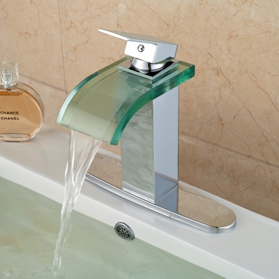single handle brass waterfall glass spout basin faucet deck mount bathroom vessel sink mixer tap w/ hole cover
