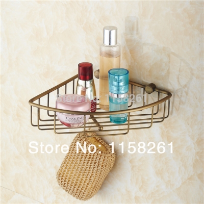 wall mounted antique bronze finish brass bathroom shower shelf triangle basket holder with robe hooks kh-1071