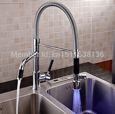 deck mounted led chrome brass kitchen faucet dual spouts sink mixer tap