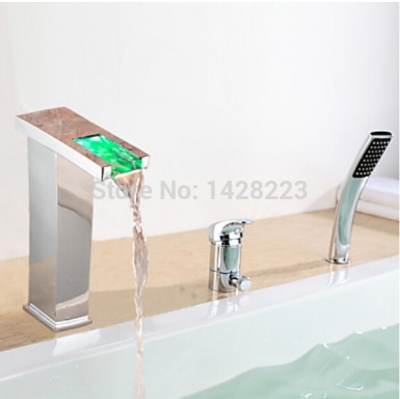 deck mounted with handshower led waterfall bathtub faucet set chrome finished single handle three holes