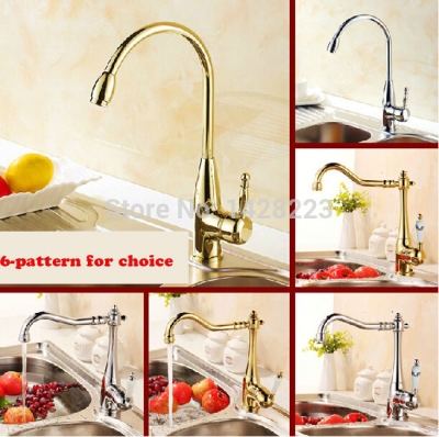 fashion chrome & golden deck mounted long neck swivel spout kitchen mixer faucet and cold water 6-pattern for choice