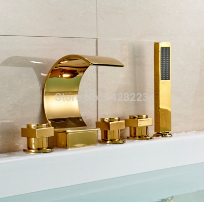 golden deck mounted 5pcs deck mounted bathtub faucet set three handles waterfall bathroom tub mixer taps