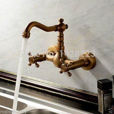 good quality wall mounted dual handle kitchen sink faucet antique brass and cold water swivel spout mixer tap [antique-brass-492]