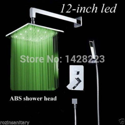 luxury polished chrome 12" rainfall shower head wall mounted bathroom led light shower faucet set with handheld shower