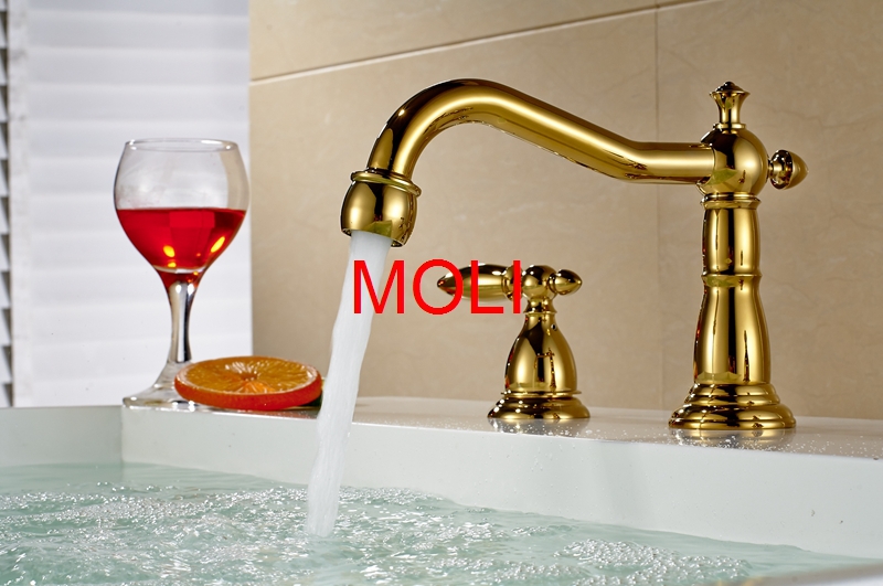 classical faucet soild brass gold finish faucets bend spout bathroom dual handle three hole vessel sink tap mixer