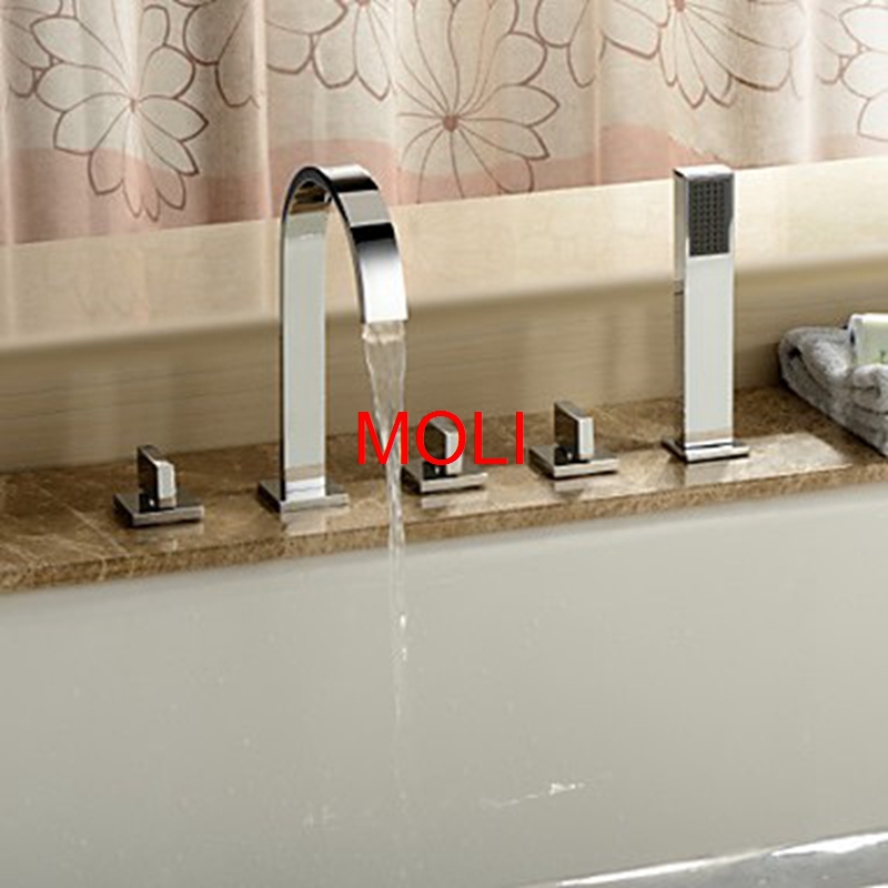 contemporary 5 holes chrome finish brass bathtub faucet with hand shower square deck mounted shower tap