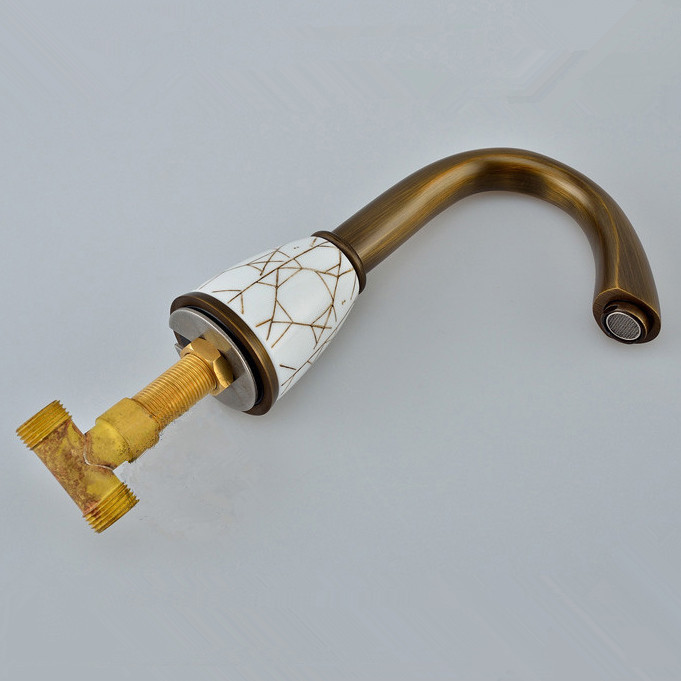 brass antique deck mount dual handles basin faucet 3pcs bathroom lavatory washbasin mixer tap kz-388q