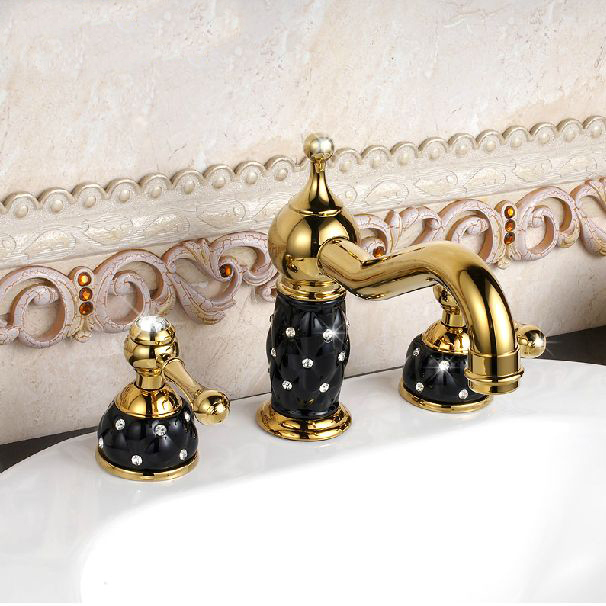 new design 3pcs golden finish brass black ceramic bathroom basin sink mixer tap faucet banheiro torneira m-65