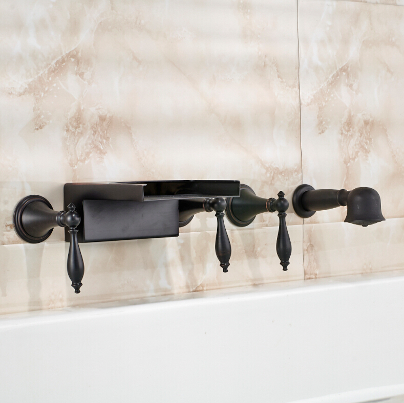 bathroom wall mount waterfall bathtub faucet widespread three handles tub shower mixer tap with handshower