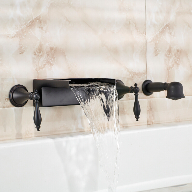 bathroom wall mount waterfall bathtub faucet widespread three handles tub shower mixer tap with handshower