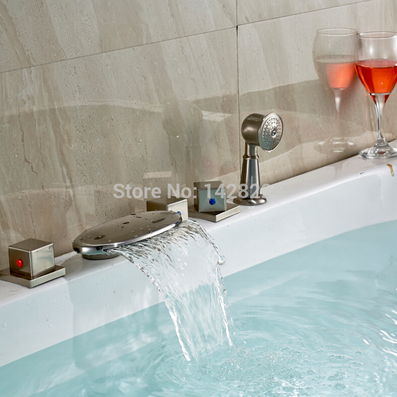 brushed nickel deck mounted 3 handles 5pcs set bathtub faucets waterfall spout & handheld shower