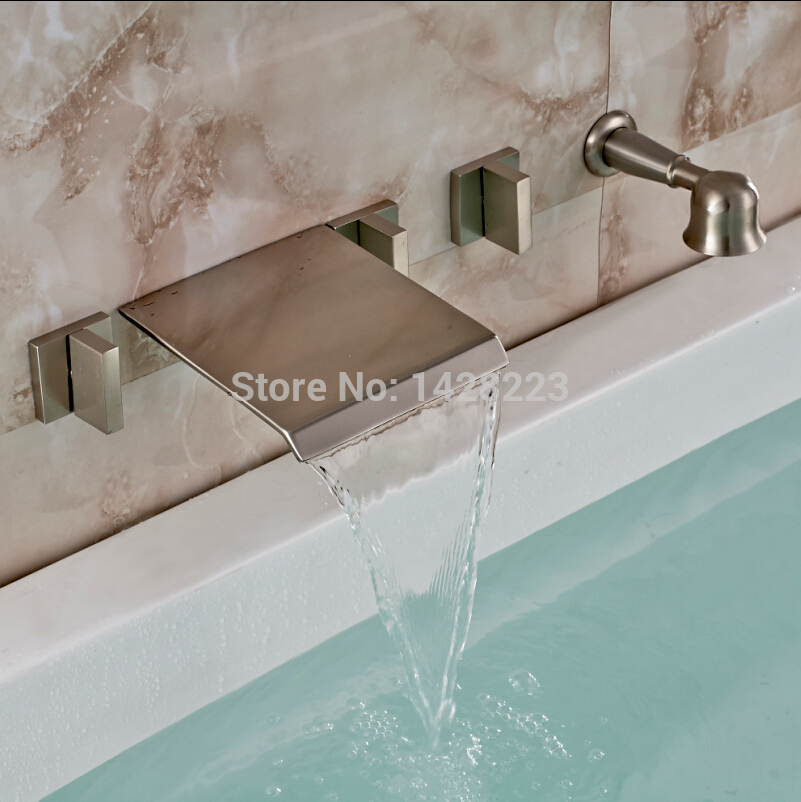 brushed nickel finished bathroom wall mounted 5pcs waterfall bath tub faucet with handheld shower