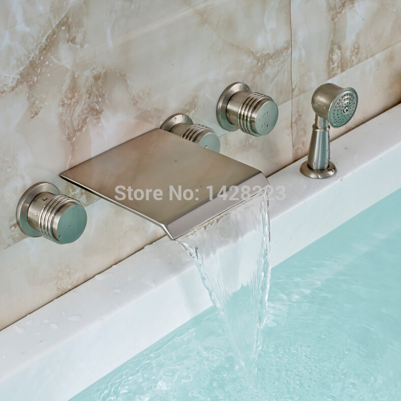 brushed nickel finished wall mounted waterfall spout bathtub faucet with handheld shower 5pcs three handles
