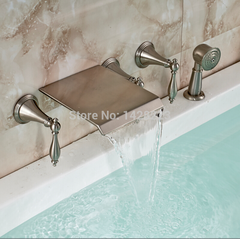 brushed nickel finished widespread waterfall bath tub mixer faucet three handles wall mounted 5 holes