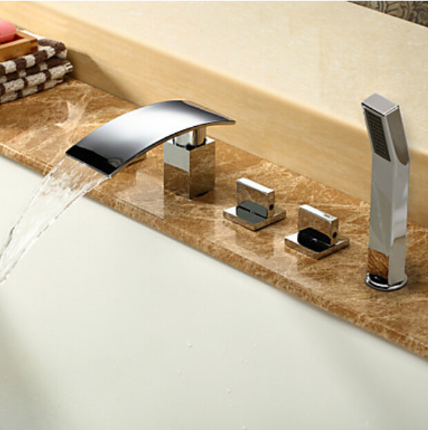 deck mount waterfall brass bathtub faucet three handles with handheld shower tub shower mixer taps