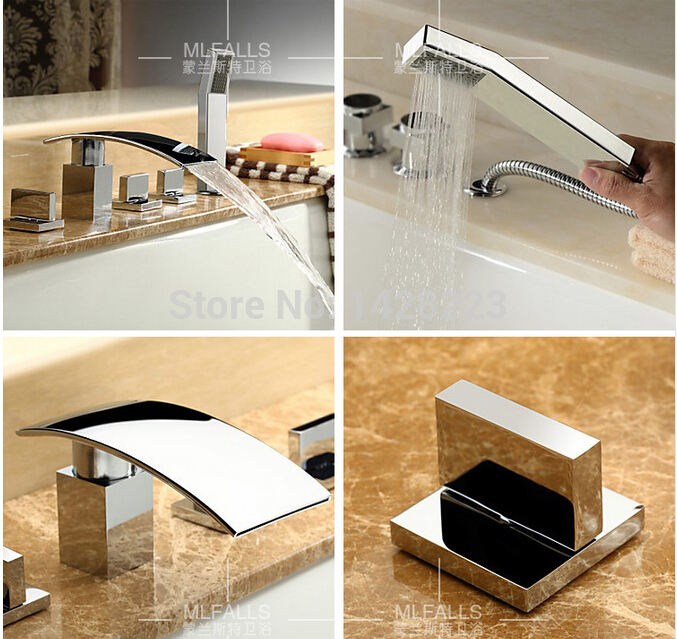 deck mounted square waterfall spout bathroom bathtub faucet three handles with hand shower chrome finished