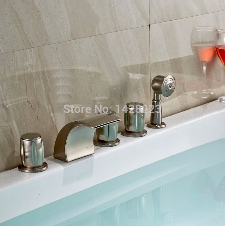 deck mounted widespread 5pcs with handheld bathtub faucet set brushed nickel 3 handles