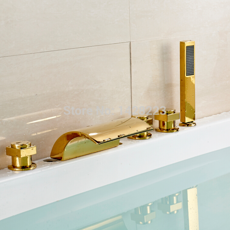 golden ti-pvd finish deck mounted waterfall bath tub faucet set widespread 5 pcs set bathtub mixer taps