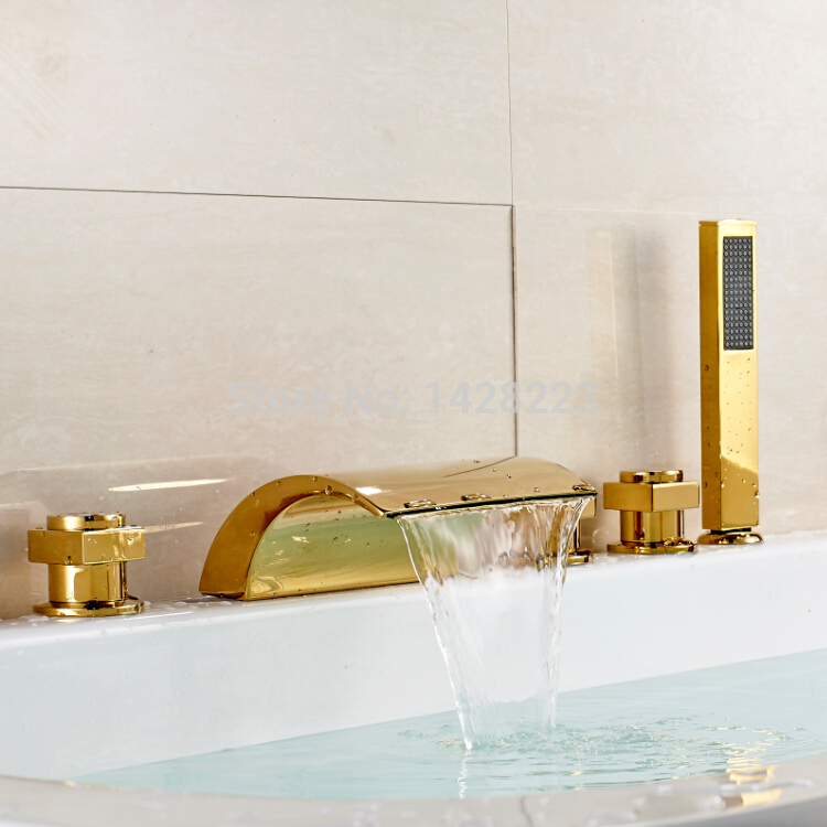 golden ti-pvd finish deck mounted waterfall bath tub faucet set widespread 5 pcs set bathtub mixer taps