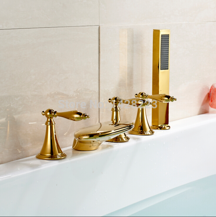 led 3 colors widespread deck mounted 5pcs set bathroom tub faucet + handshower three handles golden polished