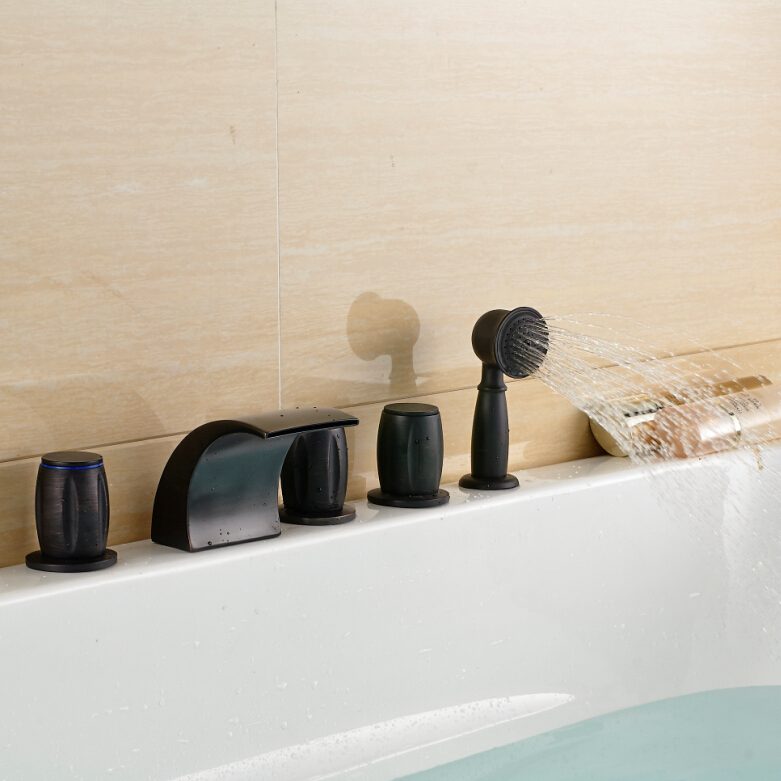 oil rubbed bronze waterfall bathtub faucet deck mount 5pcs three handles tub mixer tap