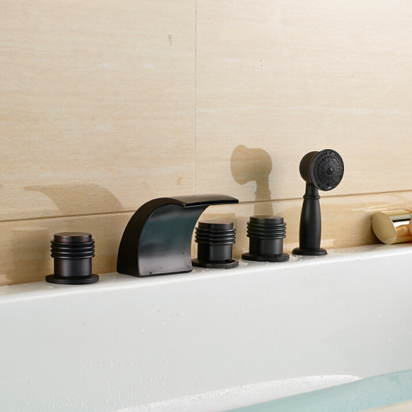 three handles with handshower bathtub faucet set deck mount 5pcs waterfall spout oil rubbed bronze