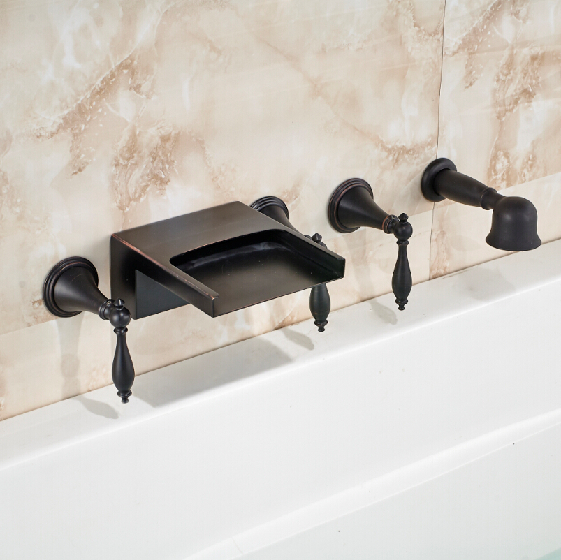 wall mount 5pcs bathroom waterfall bathtub faucet bath shower mixer taps with handshower three handles oil rubbed bronze