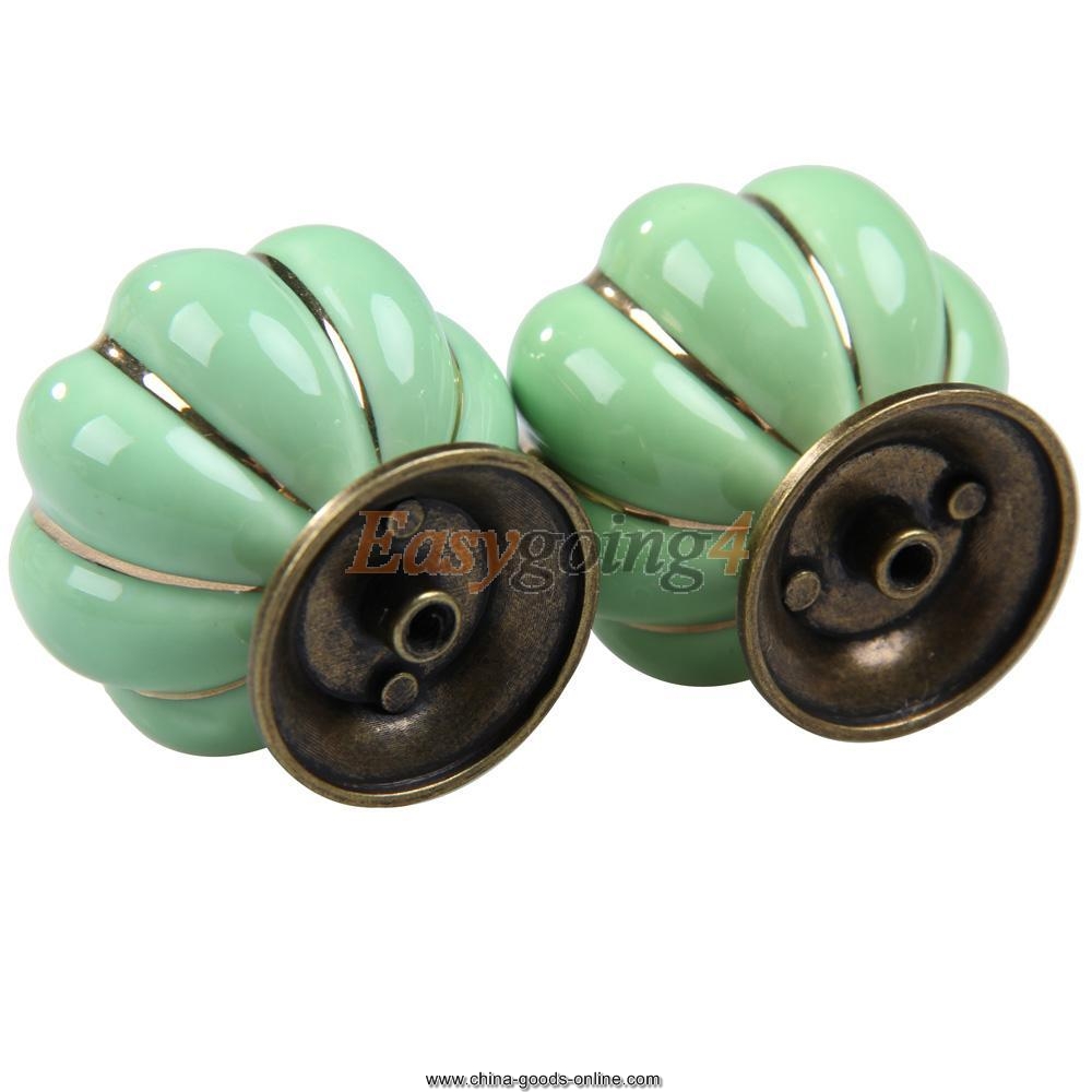 ea14 1 pair green pumpkin knobs ceramic door drawer cupboard pull handles 40mm - Click Image to Close