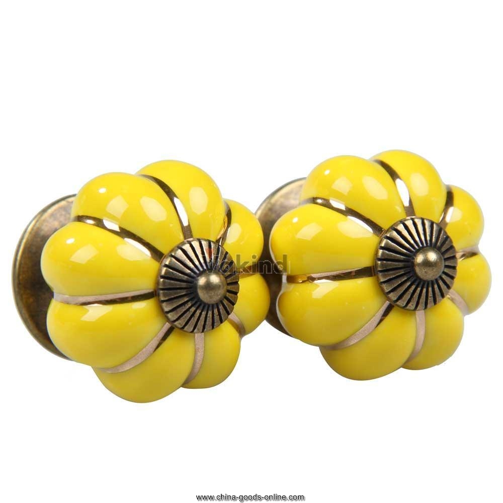 v1nf 2pcs yellow pumpkin ceramic door cabinet cupboard drawer knobs pull handles - Click Image to Close