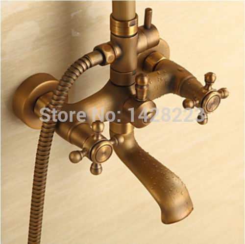 antique brass 8" rainfall shower set faucet wall mounted bathtub shower mixer tap with hand sprayer