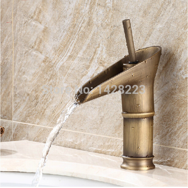 antique brass bamboo shape waterfall bathroom basin sink faucet deck mounted single top handles